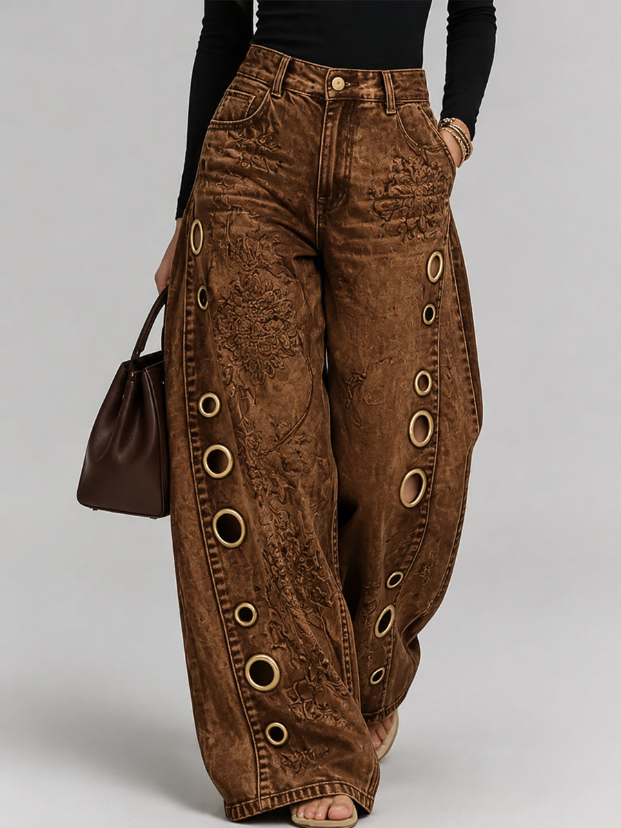 Women's Retro Style Art Print Casual Hollow Wide Leg Pants